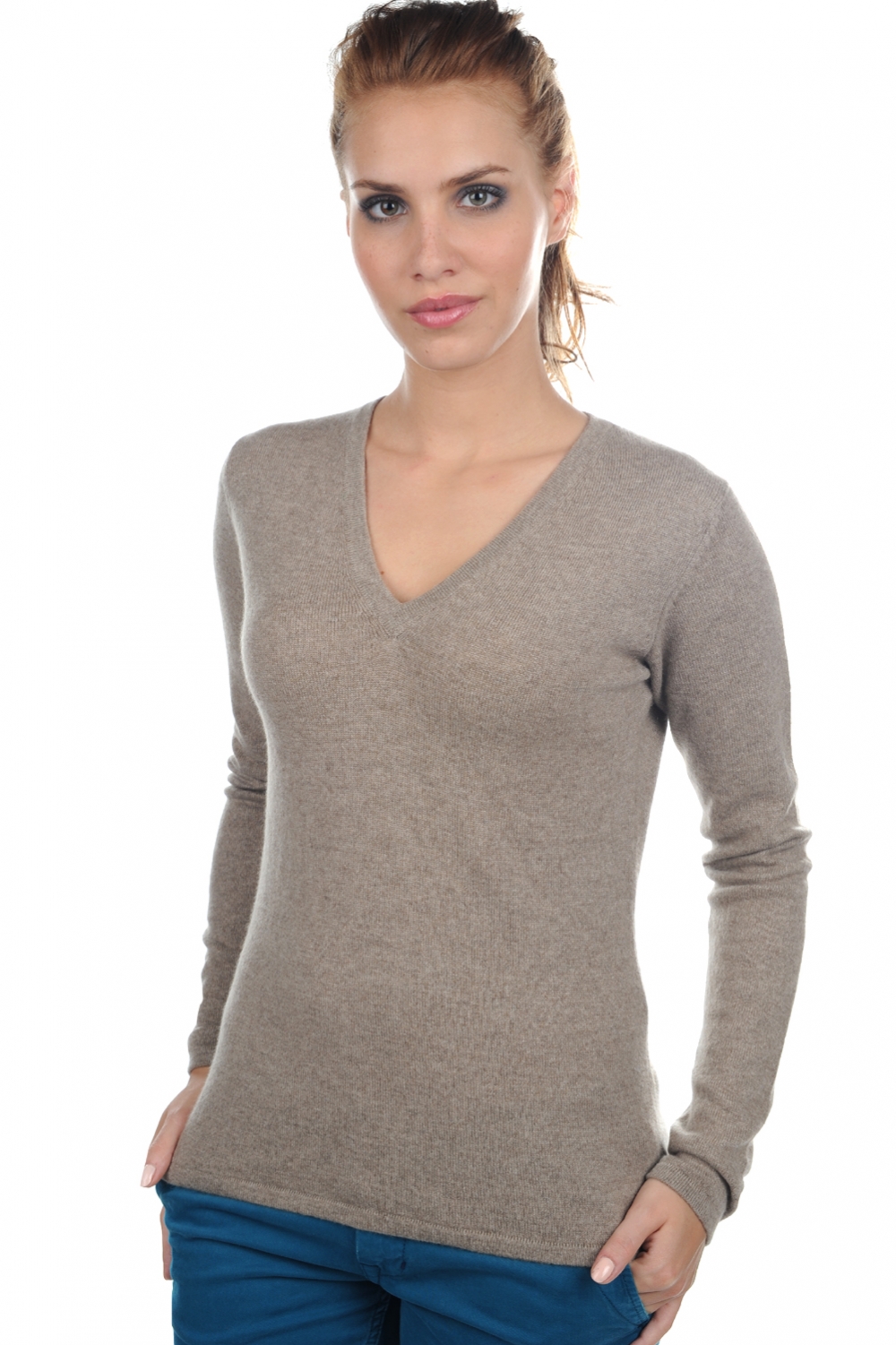 Kasjmier dames kasjmier pullover met v hals emma natural brown xl