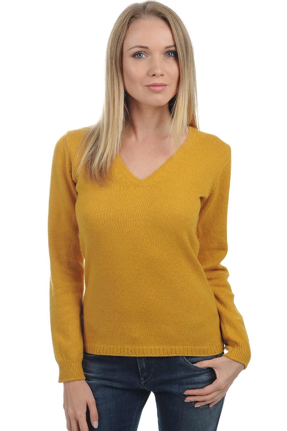 Kasjmier dames kasjmier pullover met v hals erine 4f mustard 