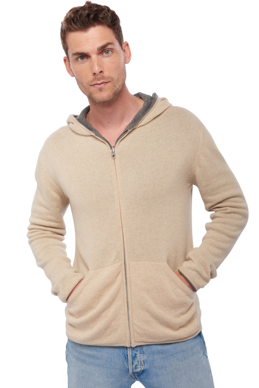 Kasjmier heren kasjmier dikke trui carson donkergrijs gemeleerd natural beige 2xl