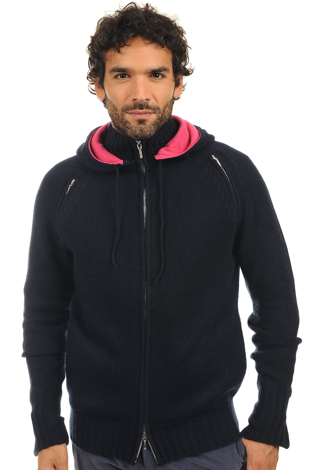 Kasjmier heren kasjmier met rits en capuchon brandon donker marine shocking pink xs