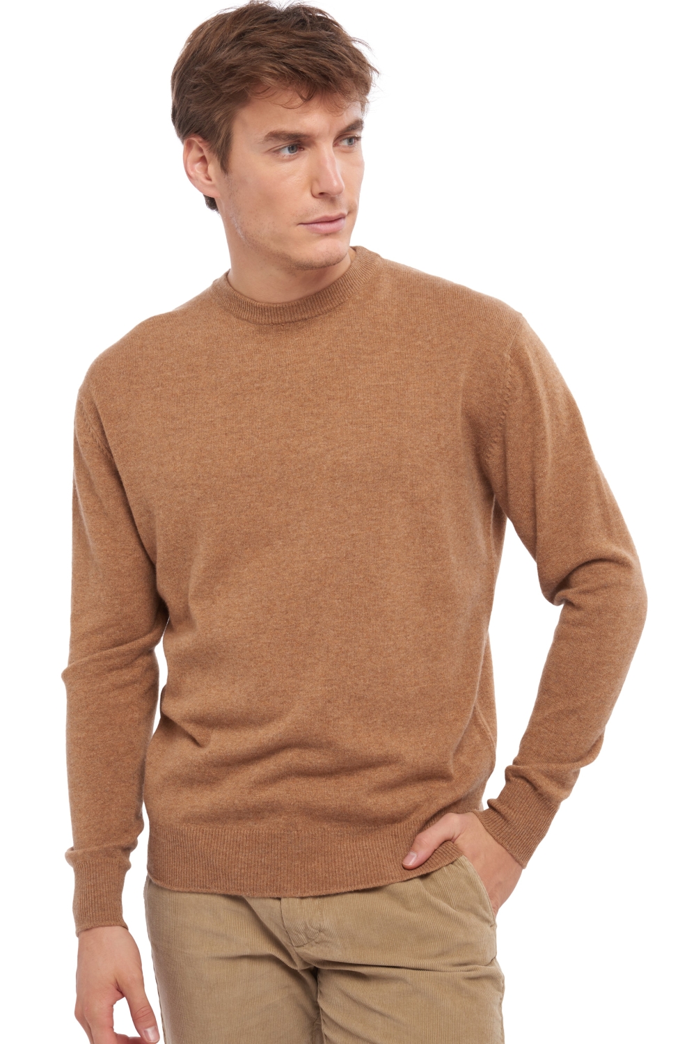 Kasjmier heren kasjmier pullover met ronde hals nestor camel gemeleerd 