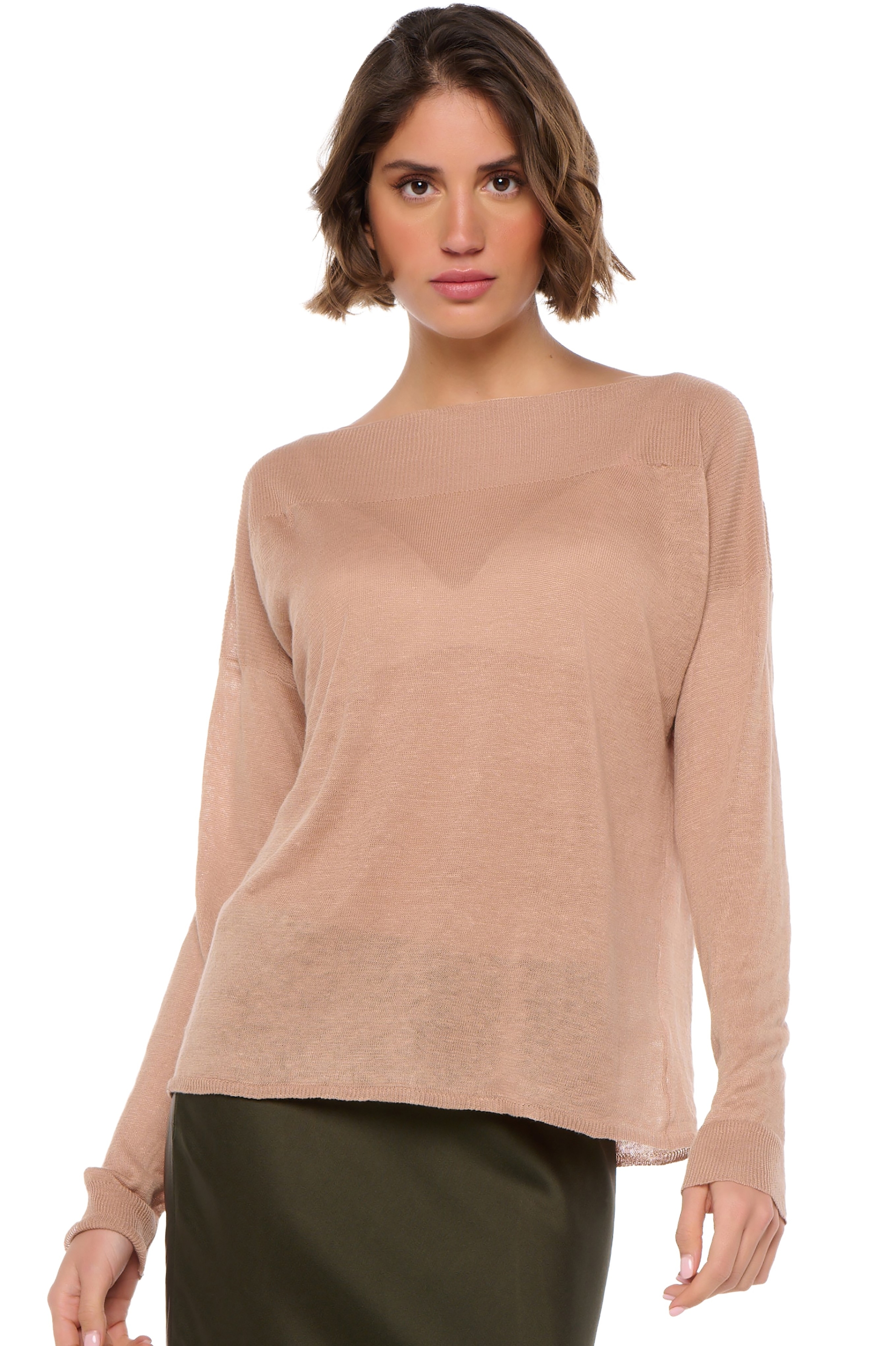 Linnen dames kasjmier pullover met ronde hals sheila latte s